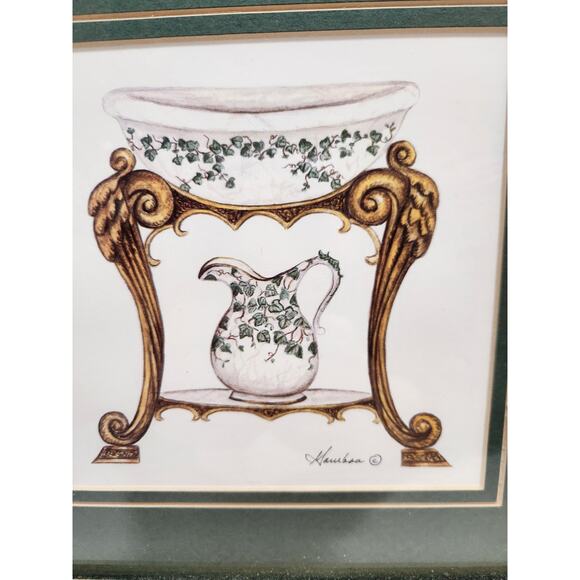 VTG Framed Washstand Pitcher & Basin Art Prints Matted Country Bathroom Decor - Picture 2 of 6